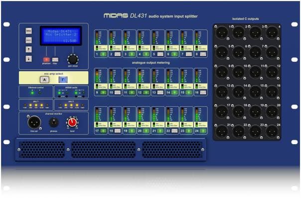 MIDAS DL431 - микрофонный сплитер, 24 мик/лин вх, 2 мик преампа на вход, 72 вых, 96кГц, 2 x AES50 А