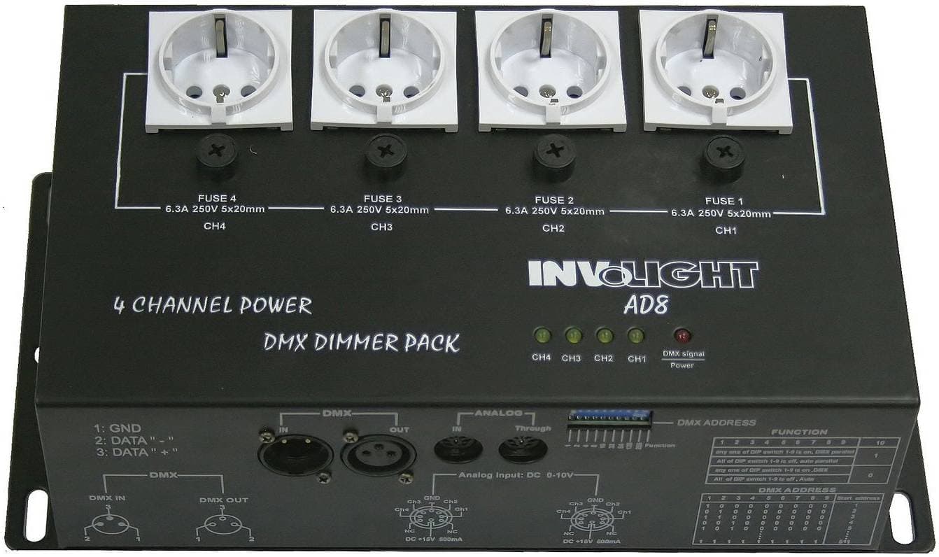 INVOLIGHT AD8 - диммер 4-х канальный, 1 кВт на канал, DMX-512, аналоговое 0-10 В