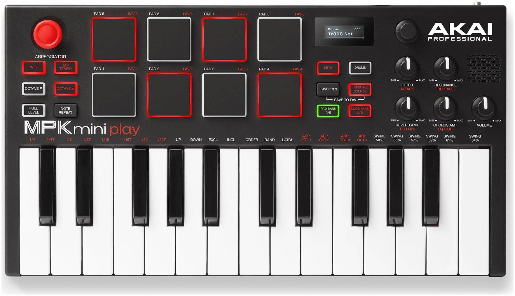 AKAI PRO MPK MINI PLAY USB миди клавиатура, 25 клавиш, 8 пэдов, 8 ручек,...