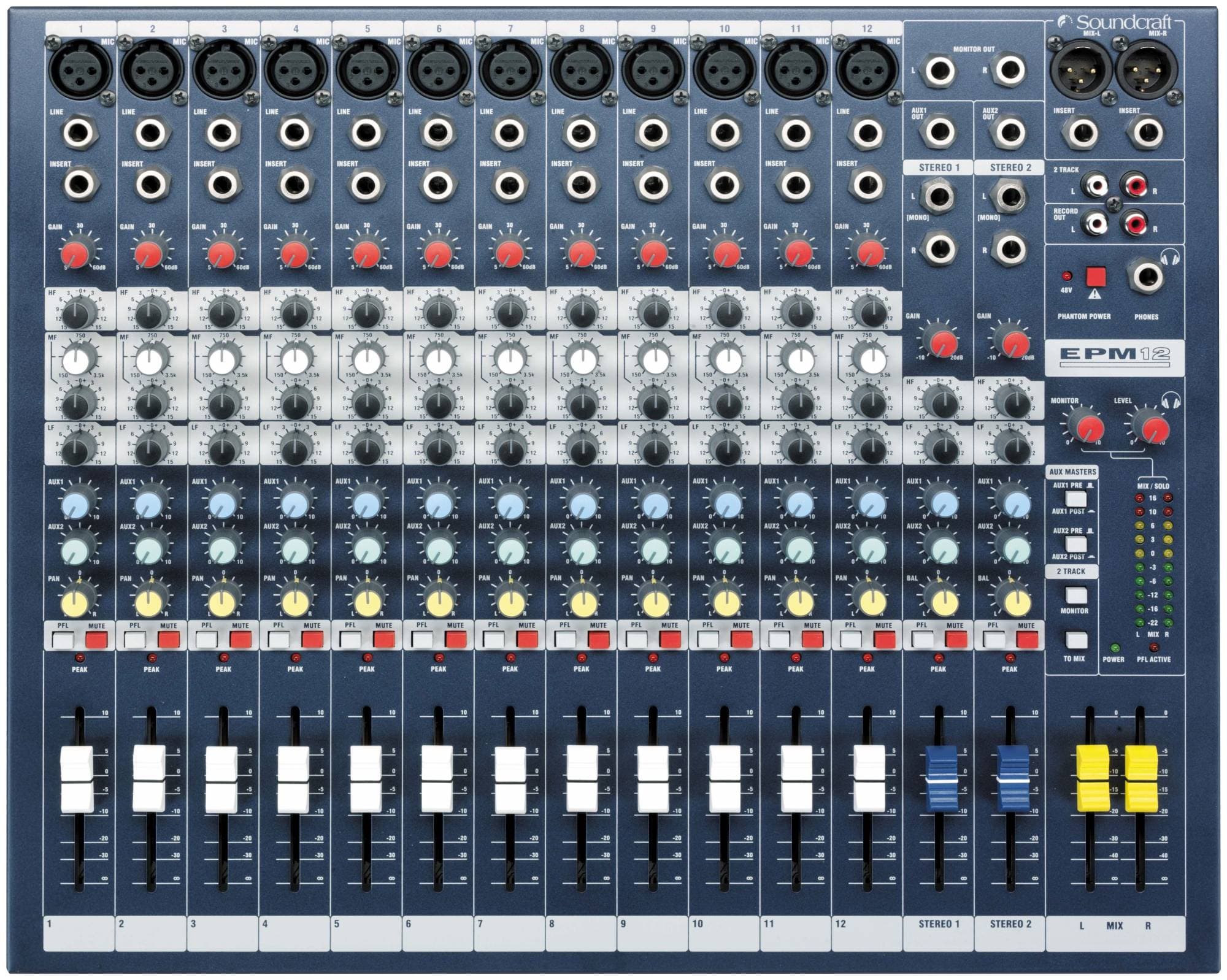 SOUNDCRAFT EPM12 - микшерный пульт, 12 mono + 2 stereo, 2 aux, 60мм фейдер